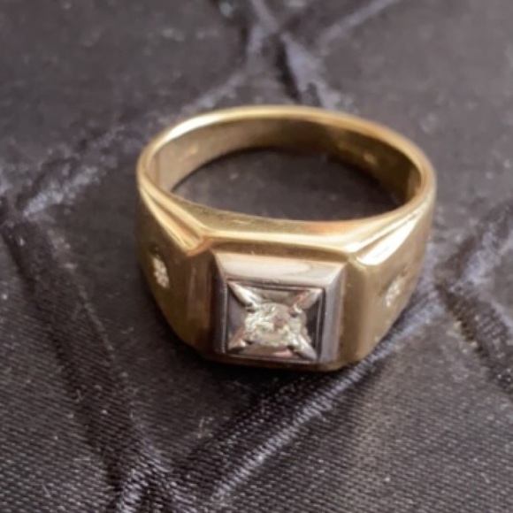 14K Yellow White Gold Diamond Signet Ring - Picture 10 of 10